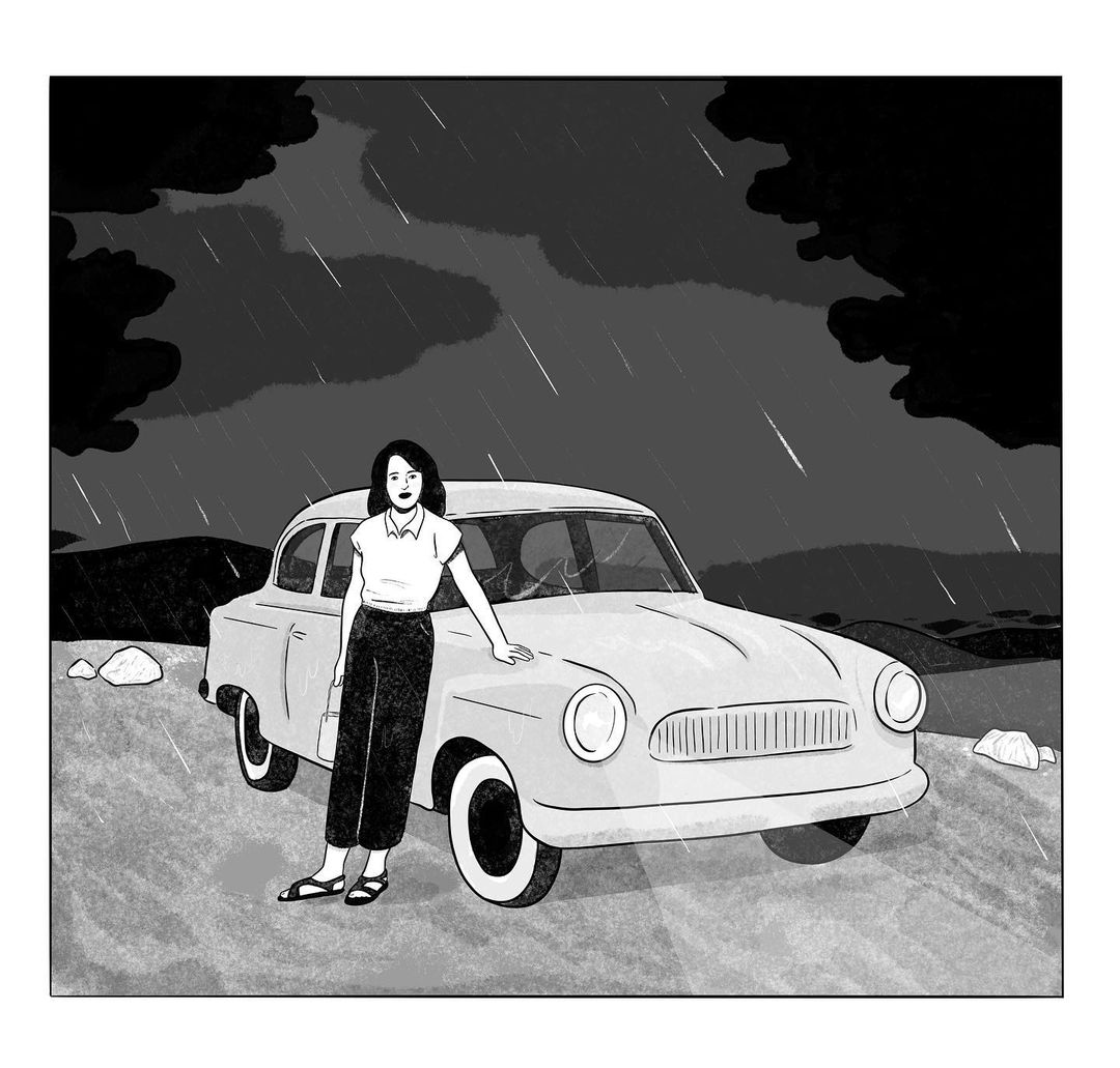 Illustration of a woman standing next to a vintage car in the rain, with dark clouds and a rural setting, rendered in black and white.