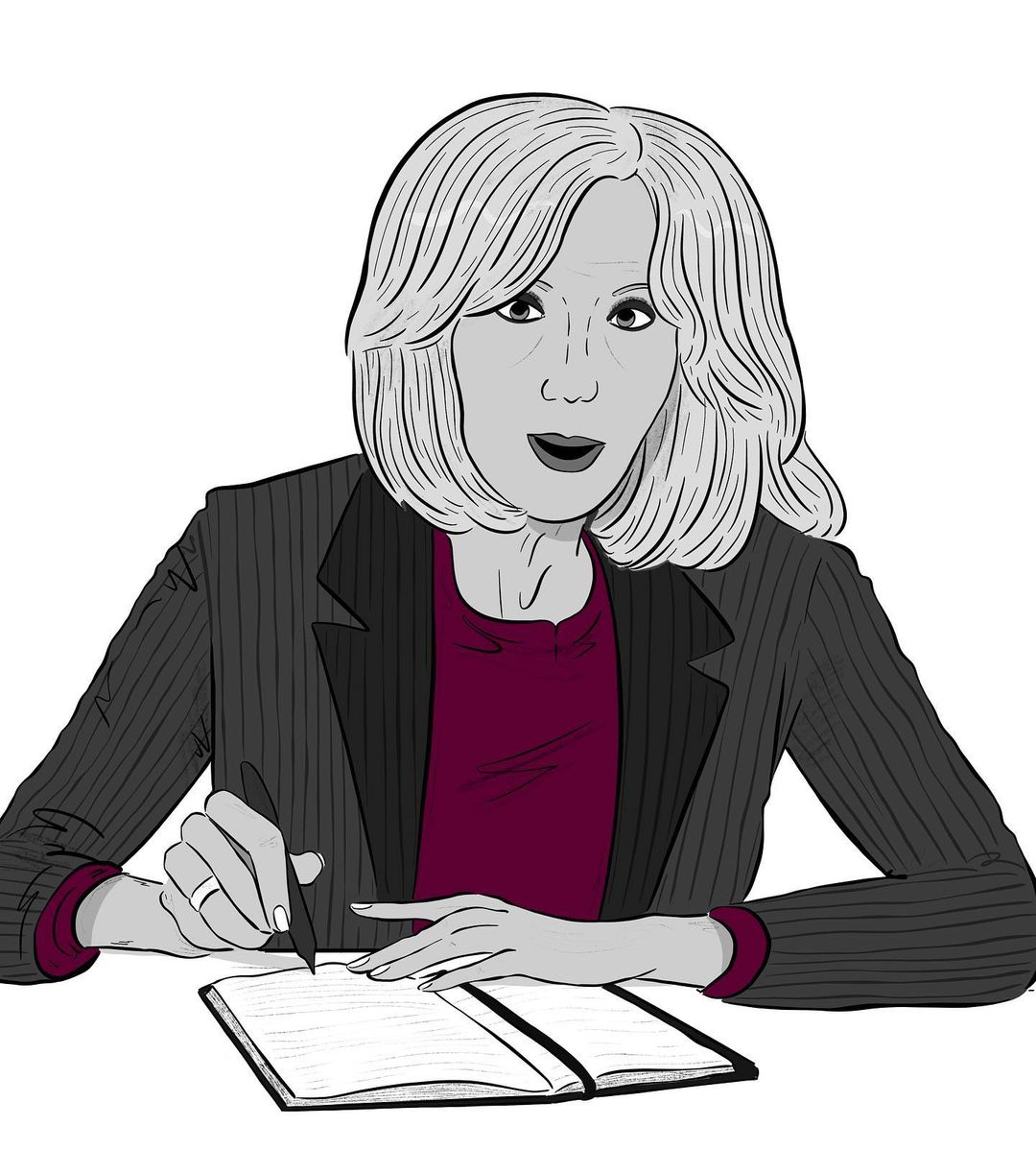 Illustration of a fair-skinned woman with gray hair wearing a business suit, seated at a desk and writing in a notebook with a pen.