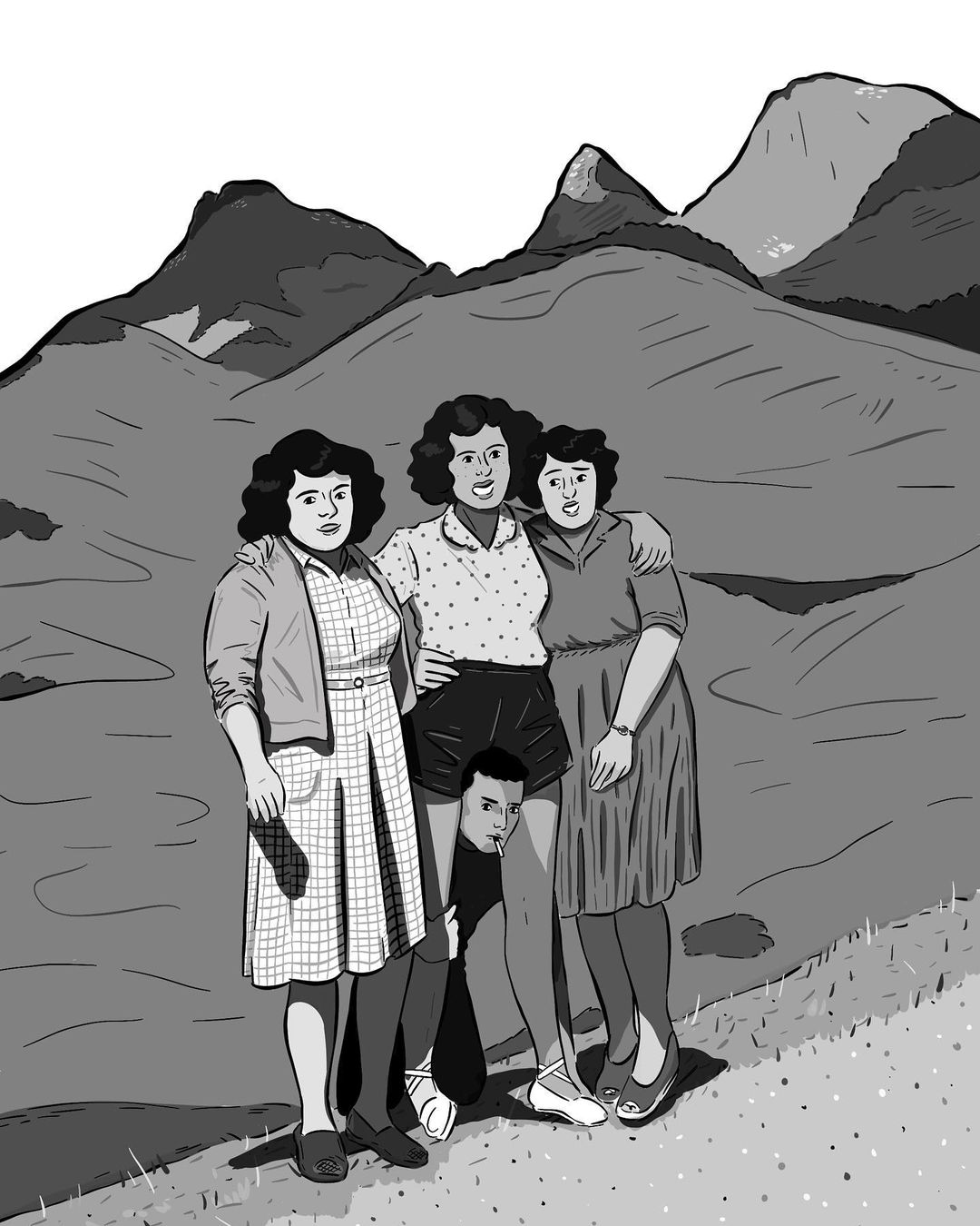 Illustration of three women and one man standing on a grassy hill in front of mountains, rendered in grayscale tones with soft shadows.