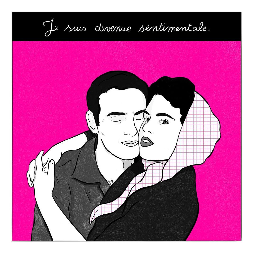 Illustration of a couple embracing, the man with eyes closed, woman with headscarf, against a bright pink backdrop with text overhead.