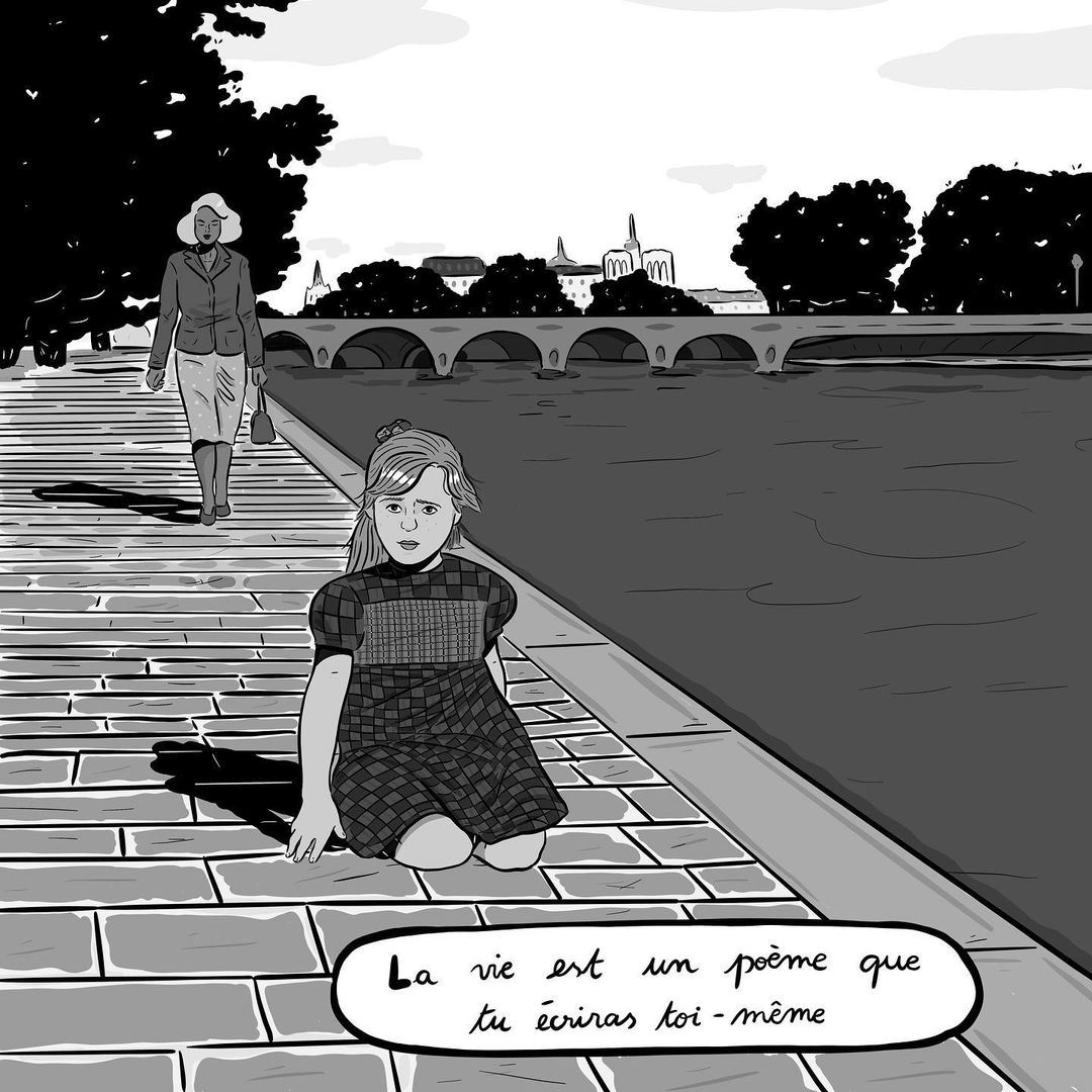 Illustration depicts a young girl sitting by a river in Paris, with an adult woman walking in the background along the embankment.