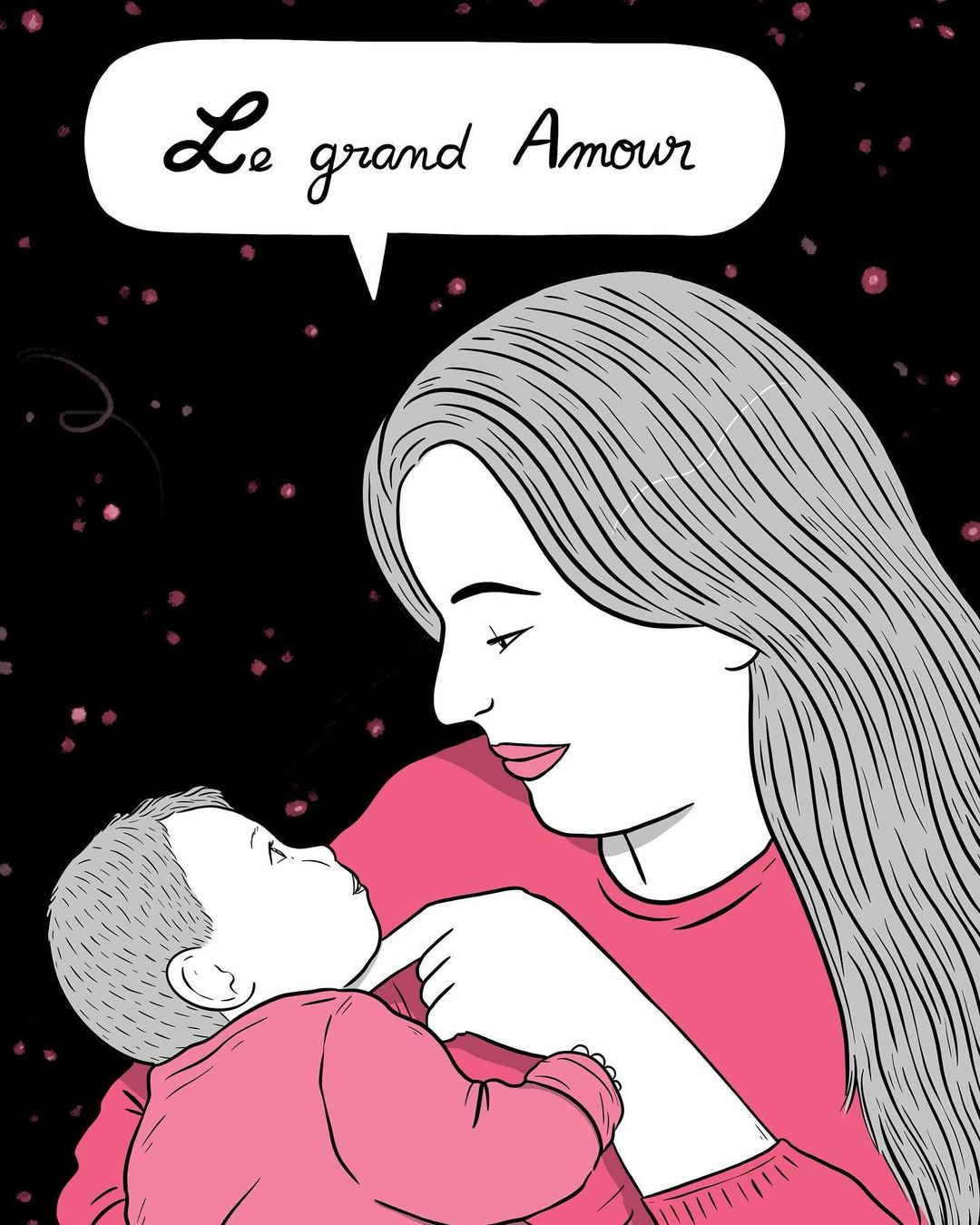 Illustration of a mother holding her baby, both looking at each other, with a speech bubble above reading 'Le grand Amour'.