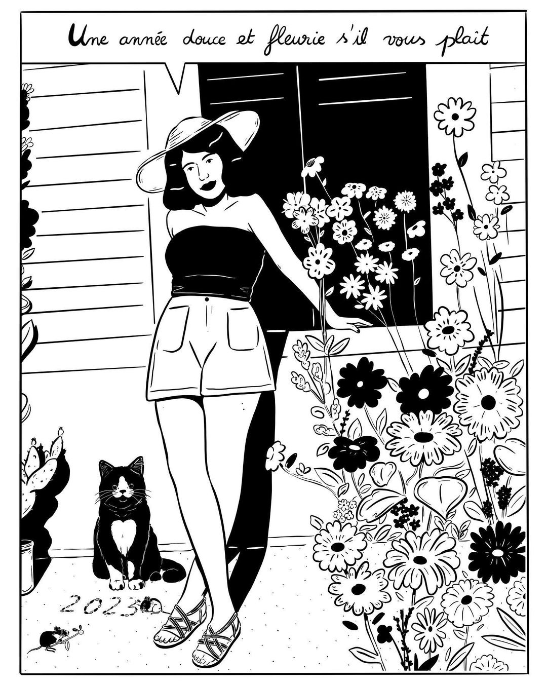 Illustration of a woman in summer clothes standing near flowers, with a cat and mouse nearby, evoking a cheerful new year.