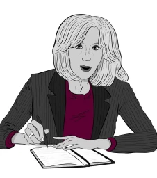 Digital illustration by Cloe Bourguignon showing a woman with blonde hair writing in a notebook while wearing a striped blazer.