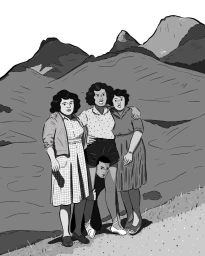 Black and white monochrome illustration by Cloé Bourguignon of four people posing in a mountainous landscape.