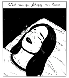 Black and white illustration of a woman lying down with a tear, and a tiny figure kneeling beside her face