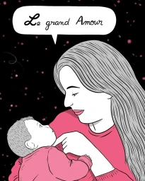 Digital illustration by Cloe Bourguignon showing a woman holding an infant in pink clothing against a black background with floating red spots.