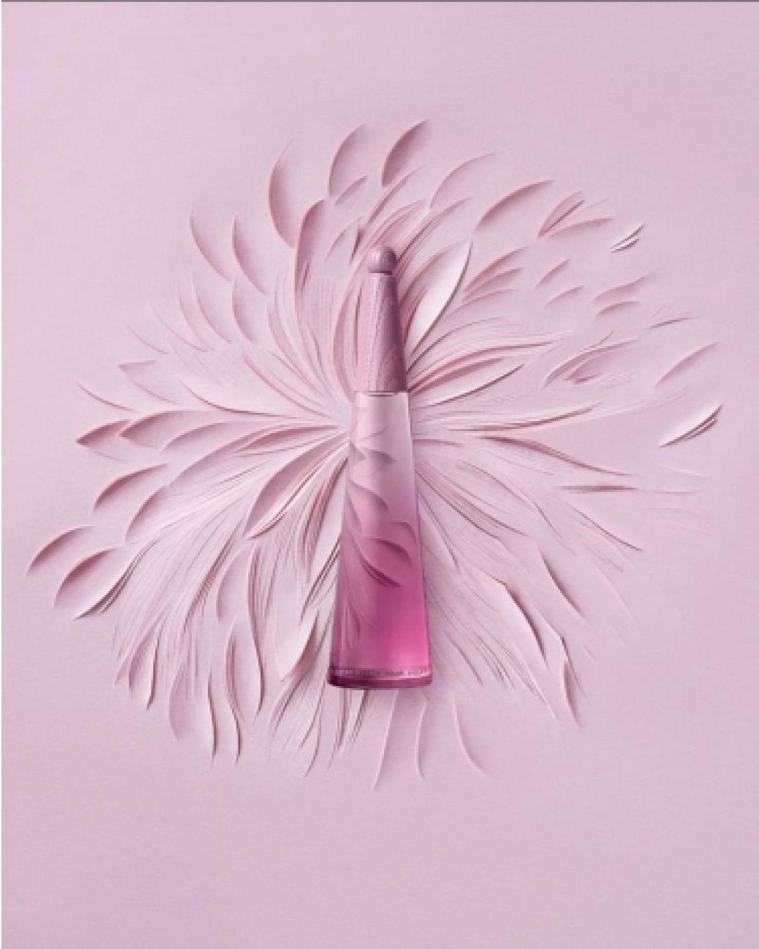 Perfume bottle on pastel pink backdrop with abstract feather-like shapes, creating a visually appealing and monochromatic presentation.