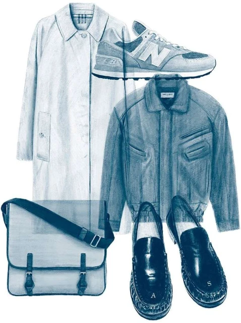 A flat lay of fashion items, including a light-colored trench coat, grey sneakers, a leather jacket, loafers, and a satchel bag.