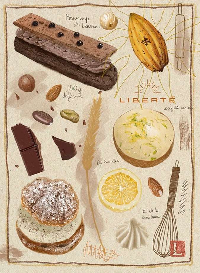Illustration of assorted pastries and baking ingredients arranged on a parchment paper background in a flat lay composition.