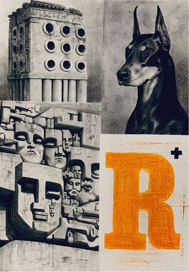 Graphic art collage features a Dobberman dog, architectural elements, sculptural faces, and a large yellow letter 'R' with plus sign.