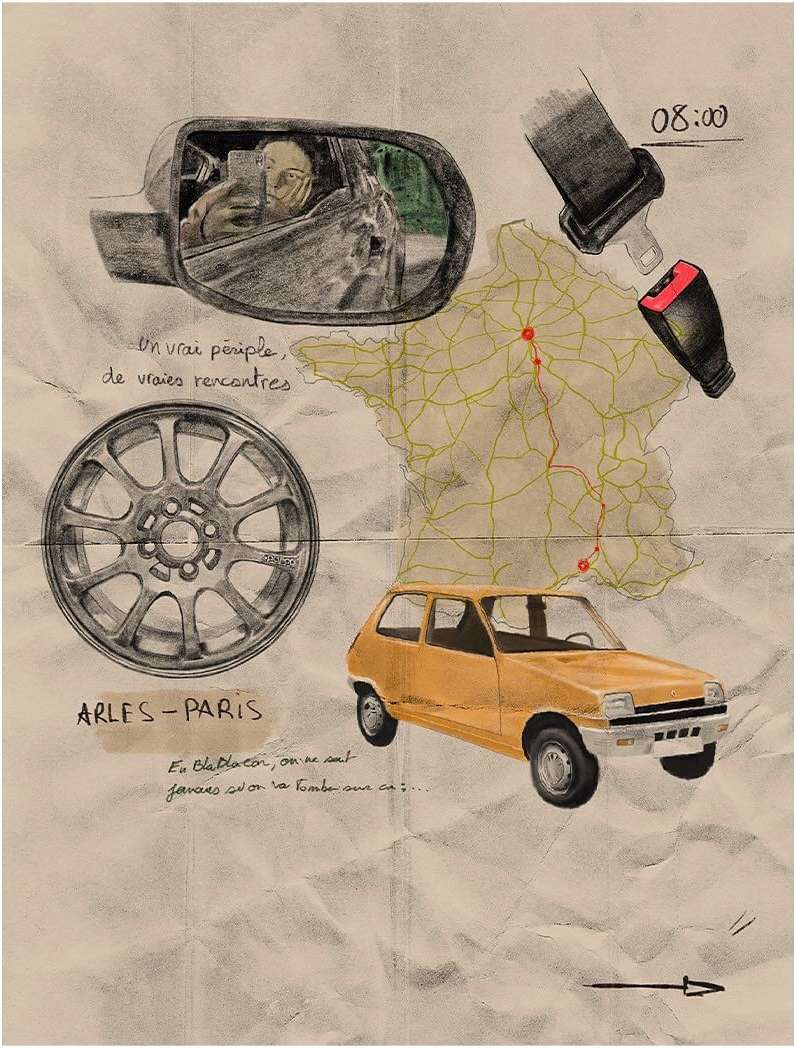 Whimsical illustration shows a yellow car, rearview mirror with driver, tire, and map of France, capturing a road trip theme.