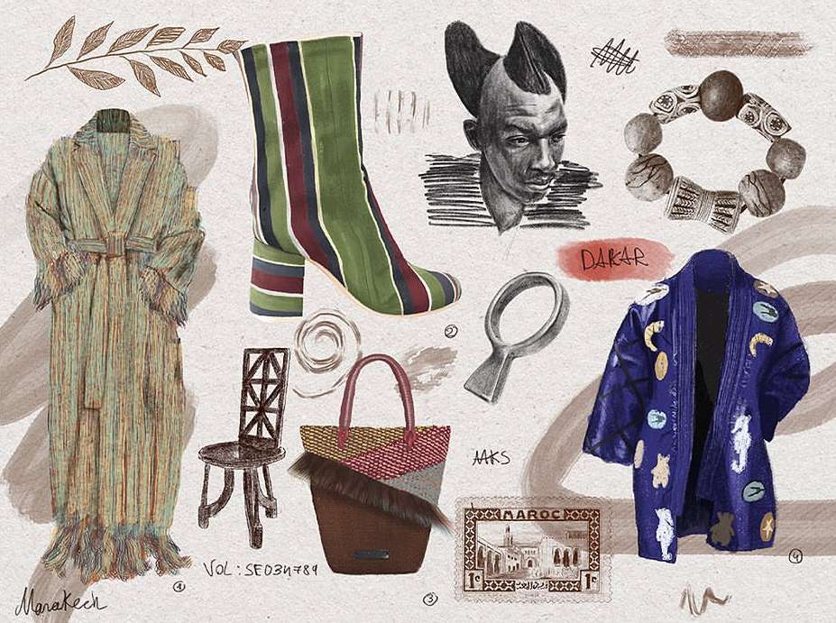 Fashion illustration with clothing and accessories: long belted coat, striped boot, handbag, jewelry, man portrait, and blue jacket.