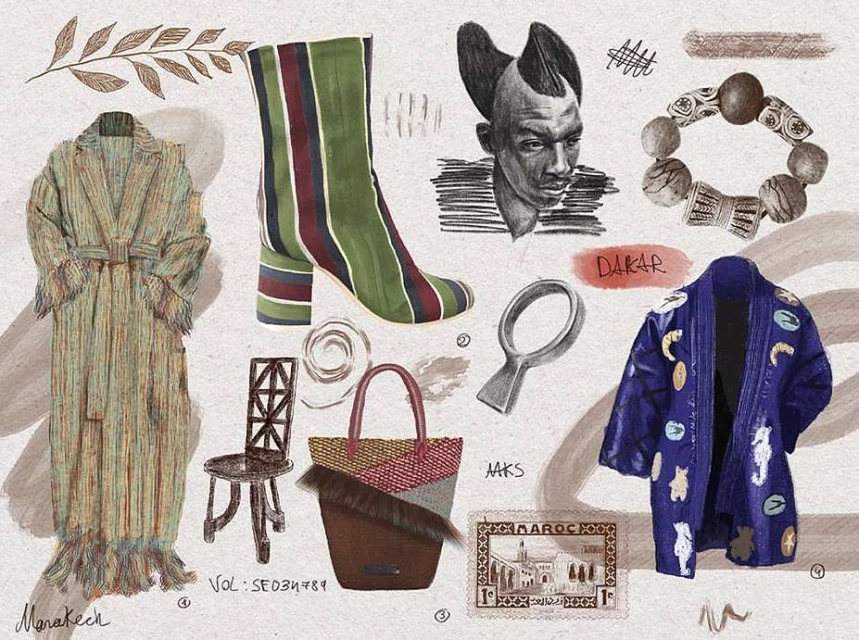 Fashion illustration with clothing and accessories: long belted coat, striped boot, handbag, jewelry, man portrait, and blue jacket.