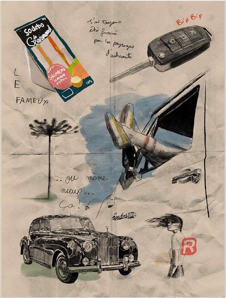 Surreal collage of a car key, car, driver's feet, and sandwich against a paper background with text. Automotive and food concept.