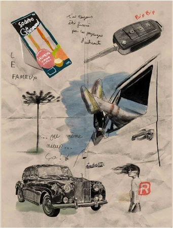 Surreal collage of a car key, car, driver's feet, and sandwich against a paper background with text. Automotive and food concept.