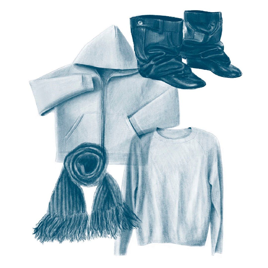 Illustration of a blue-tinted winter clothing set on a white background, featuring a hooded jacket, boots, a sweater, and a scarf.