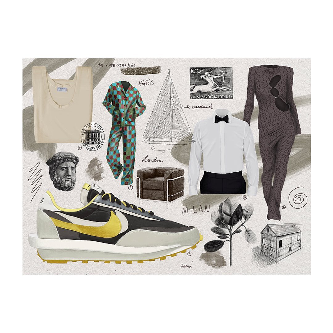 Collage of fashion apparel and accessories featuring a Nike shoe, patterned pajamas, formal wear, and architectural and travel elements.
