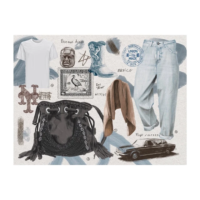 A fashion collage featuring a white t-shirt, black bag, cowboy boots, and jeans, accented by stamps and a vintage car illustration.