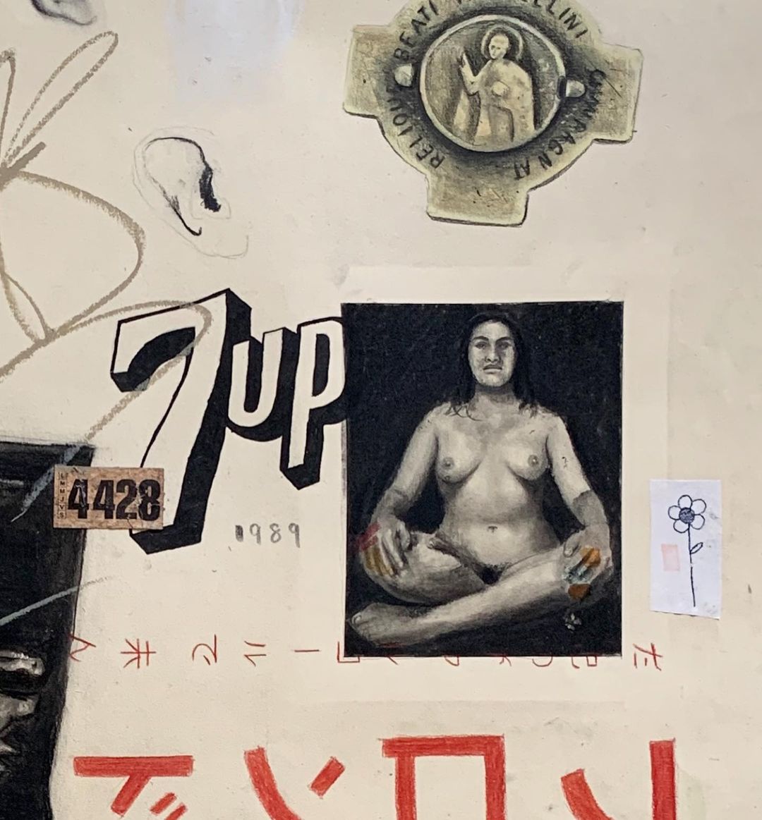 Collage with charcoal drawing of nude woman in seated pose, text fragments, religious icon, and floral sketch on paper surface.