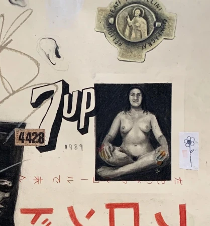 Collage with charcoal drawing of nude woman in seated pose, text fragments, religious icon, and floral sketch on paper surface.