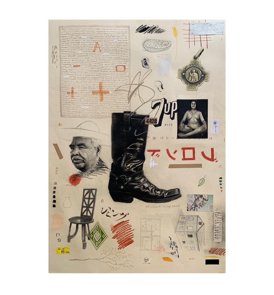 Collage art featuring a cowboy boot, various sketches, and mixed-media elements on a neutral background, creating a visually textured composition.