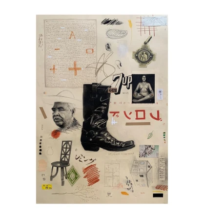 Collage art featuring a cowboy boot, various sketches, and mixed-media elements on a neutral background, creating a visually textured composition.