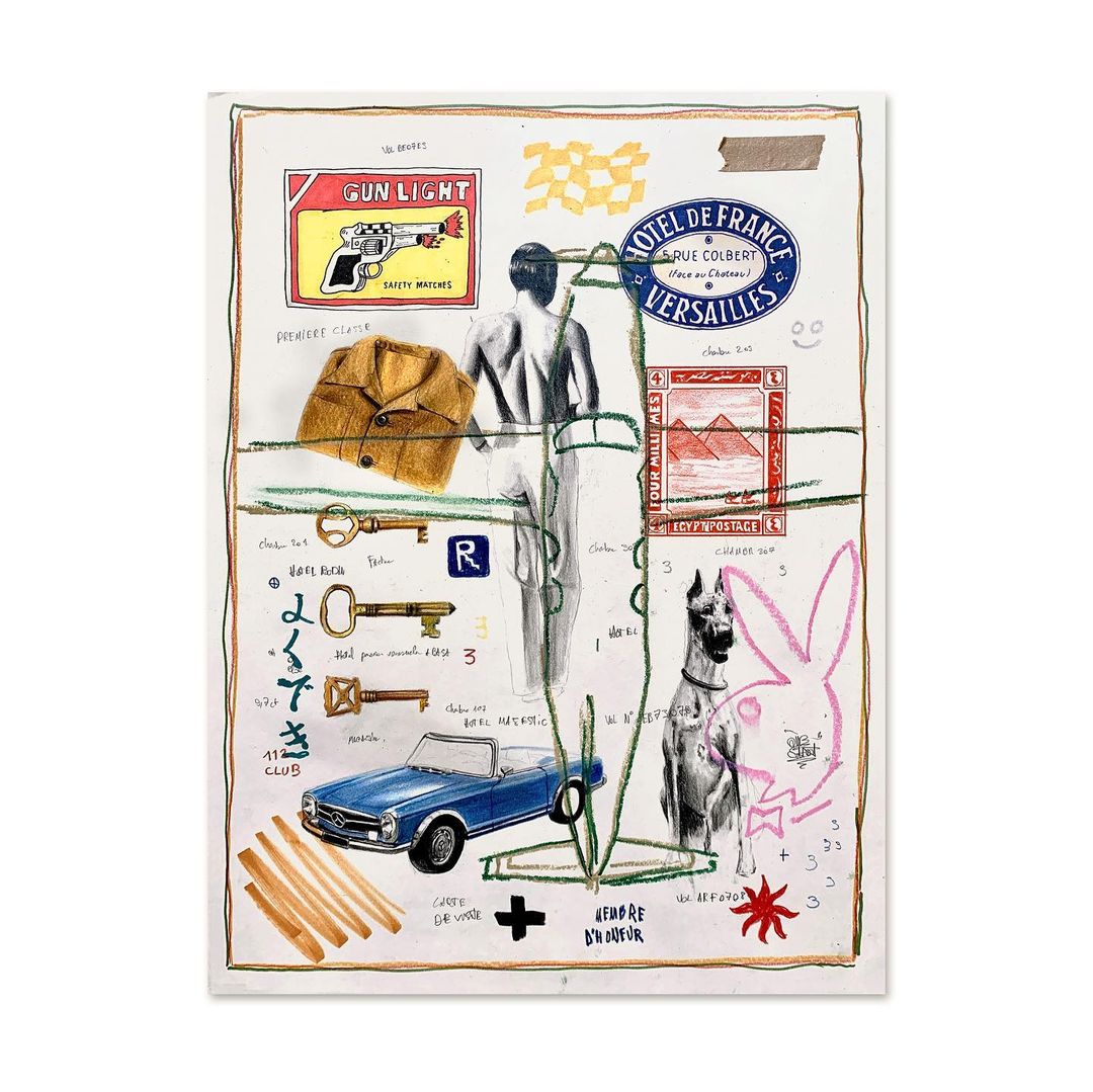 Artistic collage featuring a mix of sketches, drawings, and graphic elements with a blue car, dog, and architectural stamp.