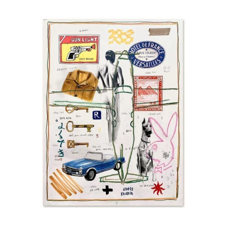 Artistic collage featuring a mix of sketches, drawings, and graphic elements with a blue car, dog, and architectural stamp.