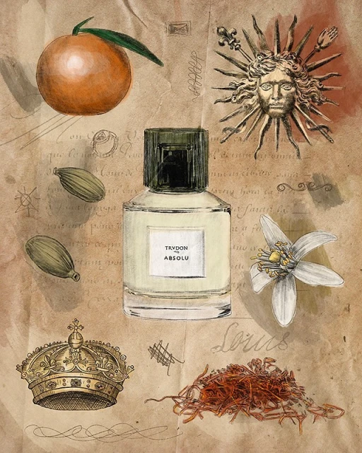 Still life watercolor of Trudon Absolu perfume bottle, orange, flower, cardamom, crown, sunburst, and saffron threads on textured paper.