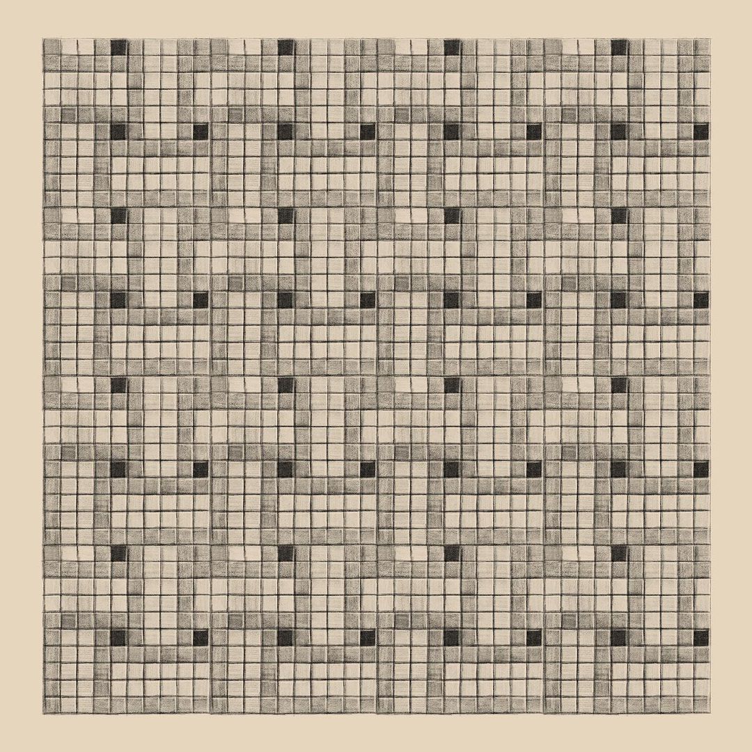 Geometric pencil drawing features a symmetrical grid pattern composed of square tiles with black dots on a pale background.