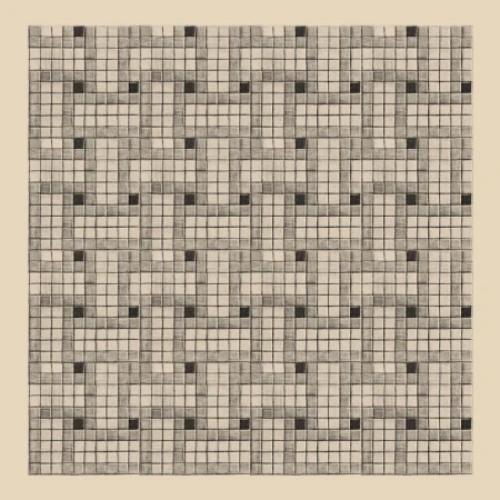 Geometric pencil drawing features a symmetrical grid pattern composed of square tiles with black dots on a pale background.