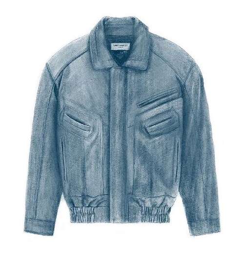 Blue leather jacket illustration centered on a plain white background by illustrator Clovis Retif.