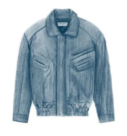 Blue leather jacket illustration centered on a plain white background by illustrator Clovis Retif.