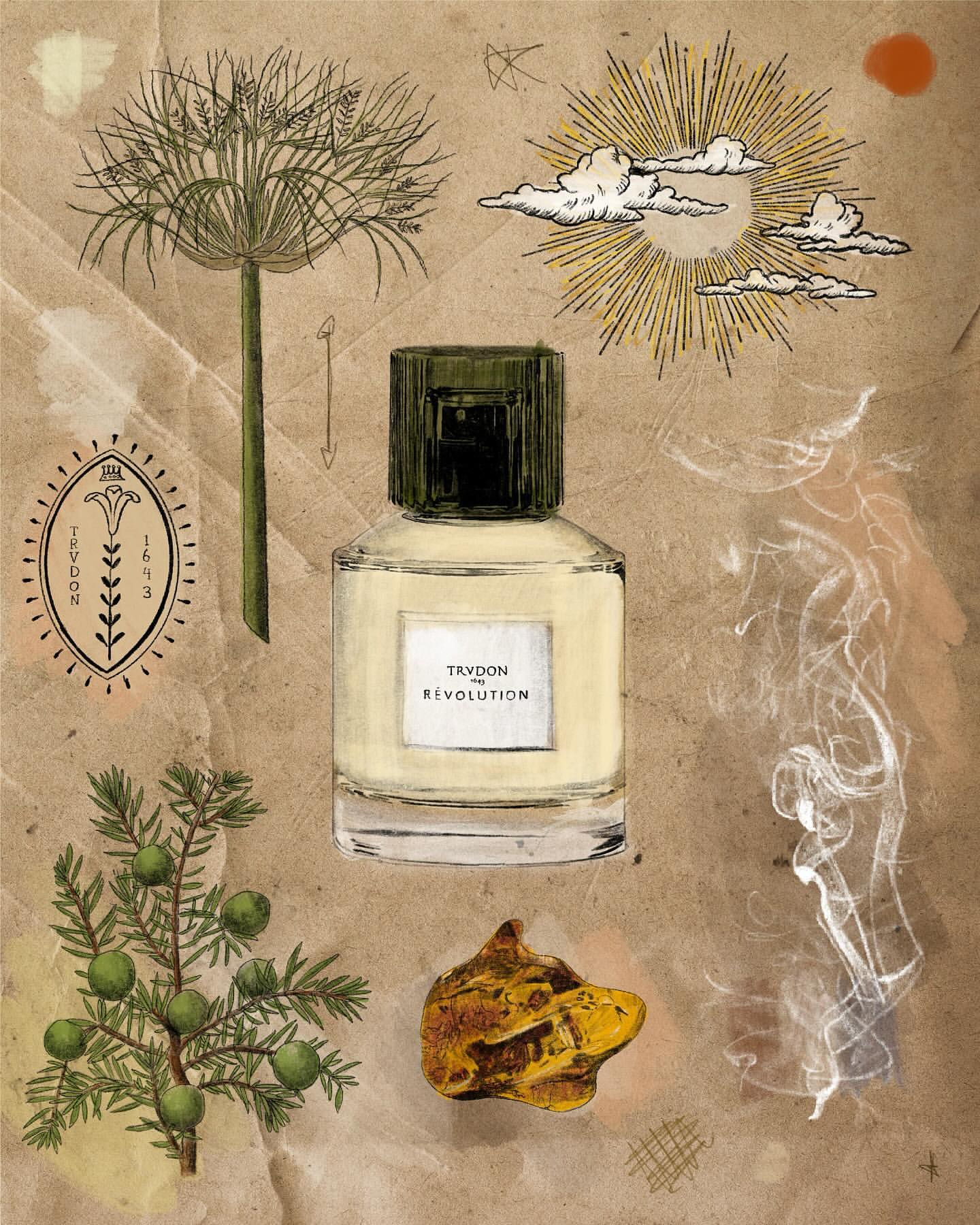 Illustration of a Cire Trudon Revolution perfume bottle, amber, sprig, sun and clouds, against a textured, aged paper background.