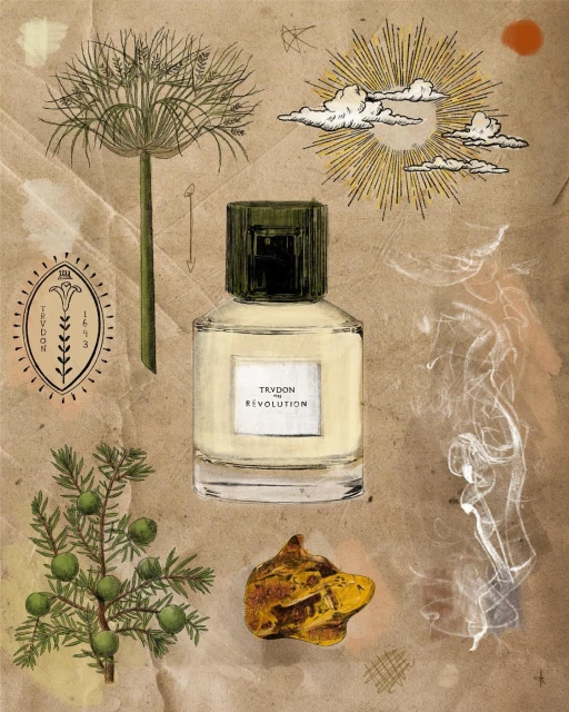Illustration of a Cire Trudon Revolution perfume bottle, amber, sprig, sun and clouds, against a textured, aged paper background.