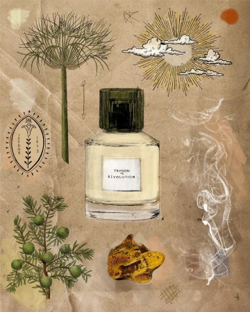 Illustration of a Cire Trudon Revolution perfume bottle, amber, sprig, sun and clouds, against a textured, aged paper background.