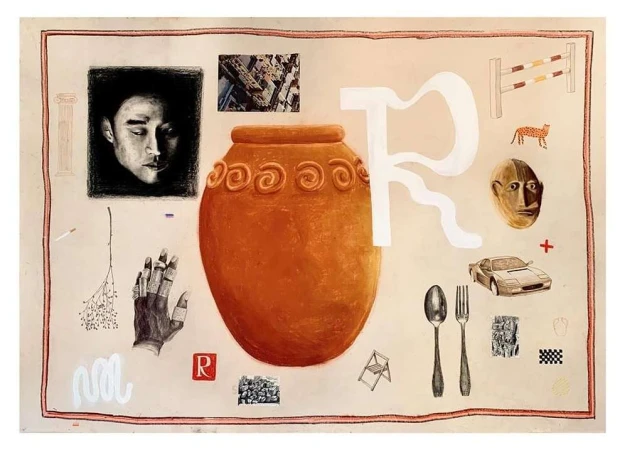 Mixed media painting on paper features an urn, portrait, car, cutlery, jumping fence, and geometric design elements in a collage style.