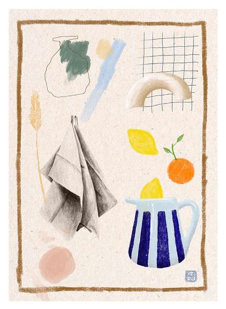 Still life illustration of a pitcher with lemons, hanging cloth, orange, and abstract shapes on a textured background in a brown border.