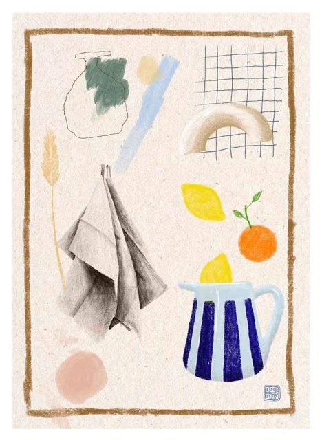 Still life illustration of a pitcher with lemons, hanging cloth, orange, and abstract shapes on a textured background in a brown border.
