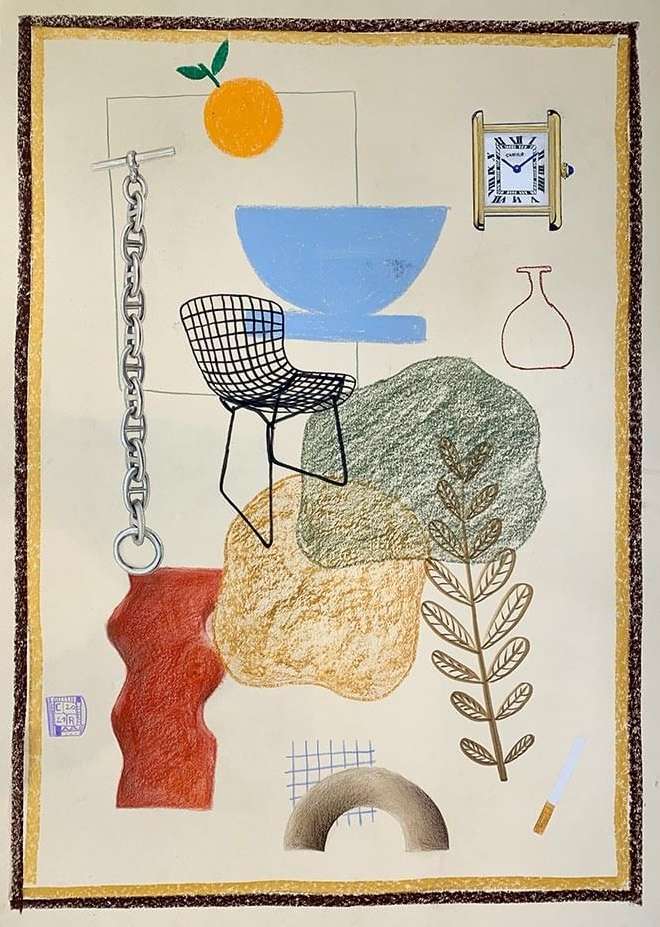 Still life art features a chair, clock, orange, bowl, plants, and abstract shapes, rendered with sketch textures and simple line work.