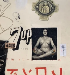 Mixed media illustration by Clovis Retif featuring a central drawing of a seated figure surrounded by collage elements.