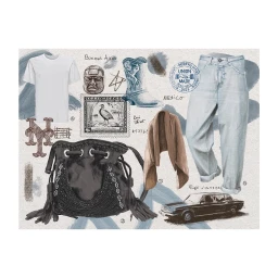 Fashion illustration by Clovis Retif featuring a white t-shirt, light blue jeans, black fringe handbag, and various stamp and sketch motifs.