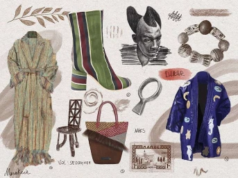 Fashion illustration mood board by Clovis Retif featuring coats, boots, accessories, and portrait sketches against textured paper