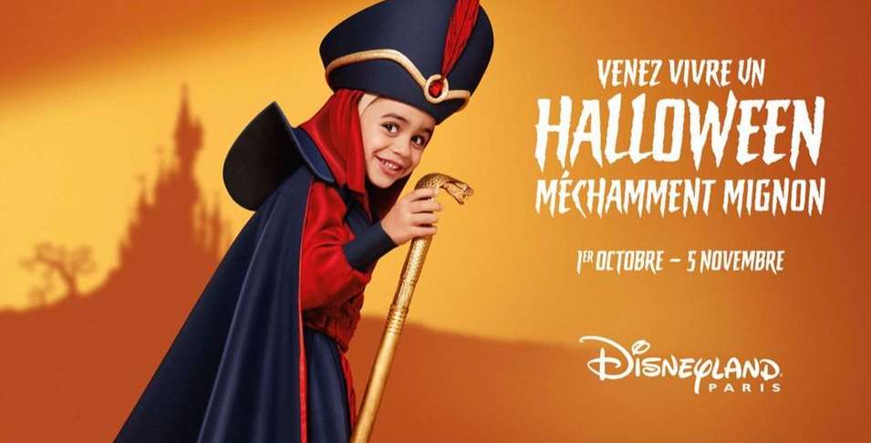 Child in Jafar costume with snake cane promoting Disneyland Paris Halloween event with castle shadow against orange background.