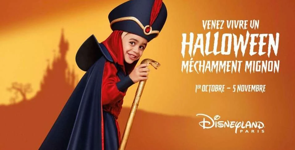 Child in Jafar costume with snake cane promoting Disneyland Paris Halloween event with castle shadow against orange background.