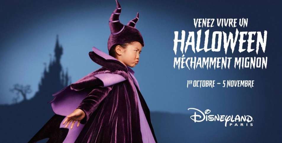 Young child in Maleficent costume for Disneyland Paris Halloween event, castle background, text overlay.