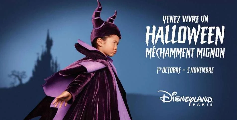 Young child in Maleficent costume for Disneyland Paris Halloween event, castle background, text overlay.
