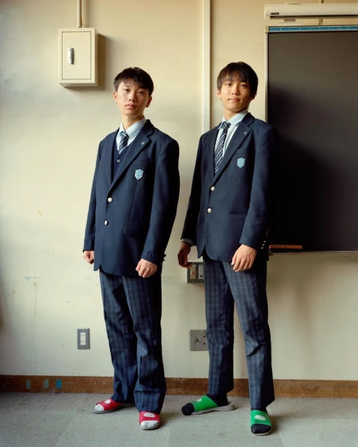 Two Asian male students in school uniforms stand indoors against a neutral wall, one wearing red slippers, the other green slippers.