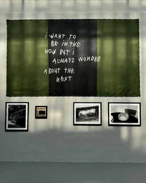 Green and black fabric art with white text hangs above framed photographs on a light grey wall in an indoor setting, art display.